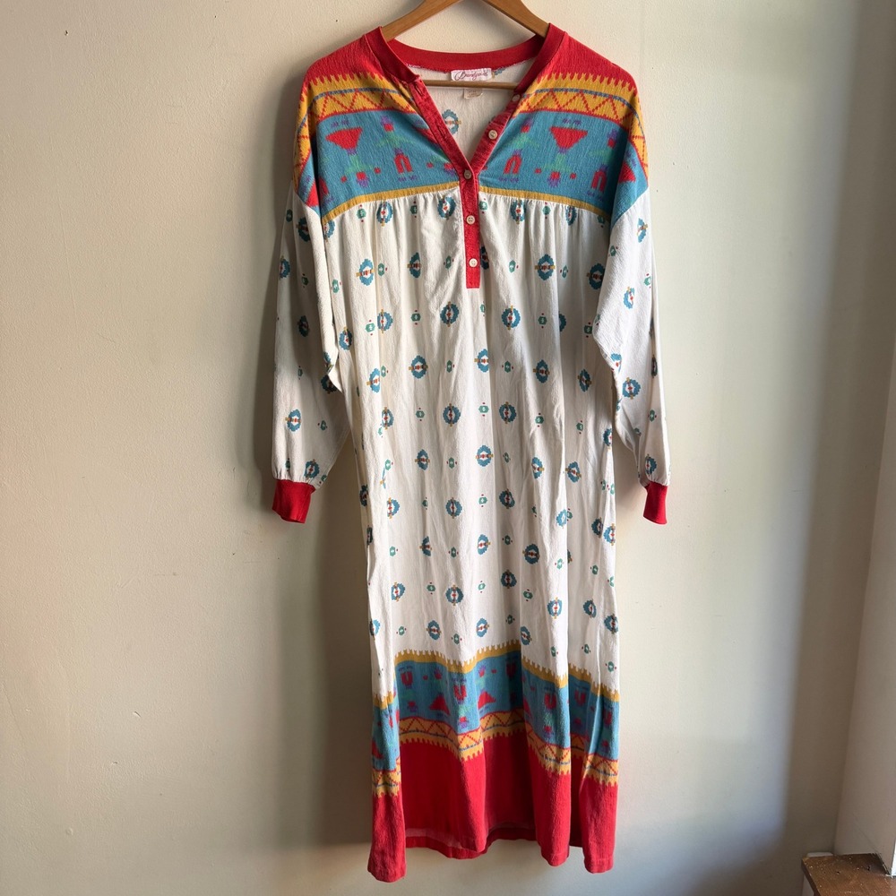 Brandywine Vintage Southwestern Henley Maxi Nightgown Dress White Red Large Good